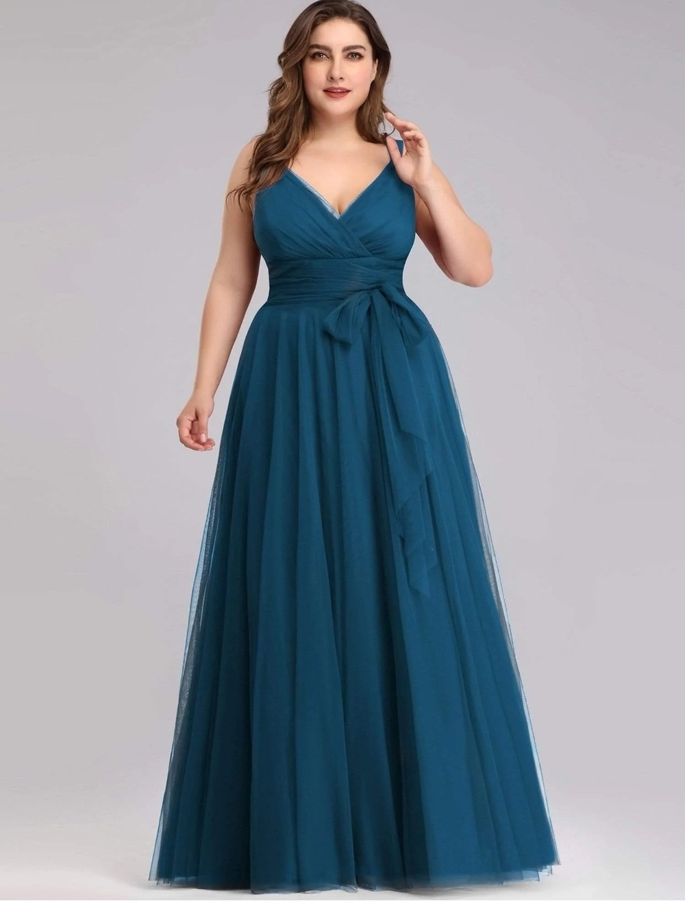 Ever Pretty Teal V-Neck Tulle Maxi Dress with Waist Tie